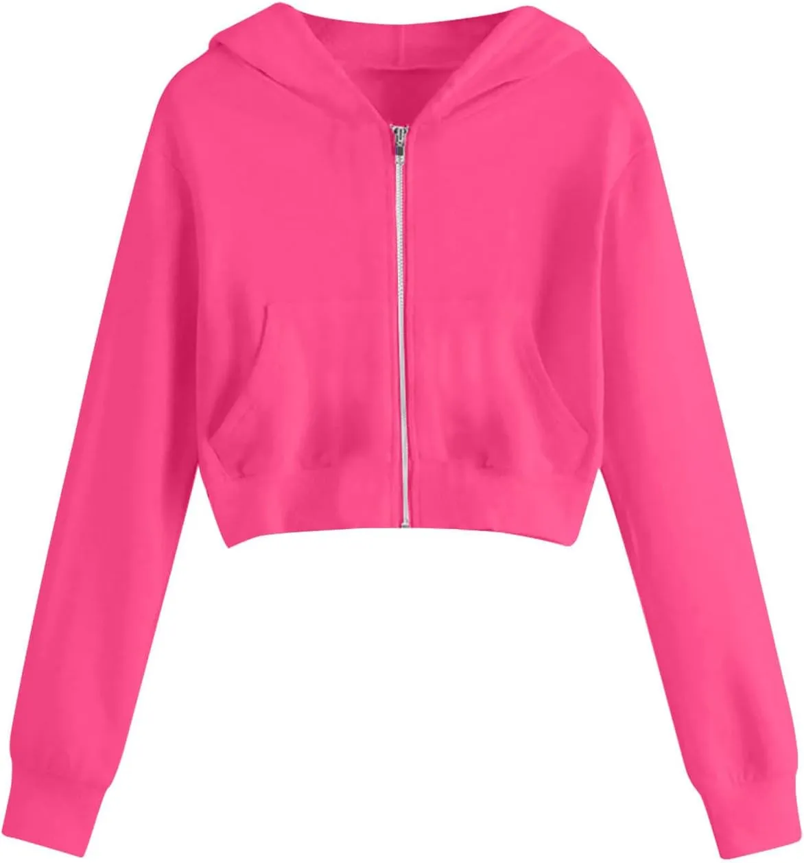 Women's Cropped Jackets Plus Size Fashion Solid Color Zipper Long Sleeves Hoodies Sweatshirt Outwear with Pockets