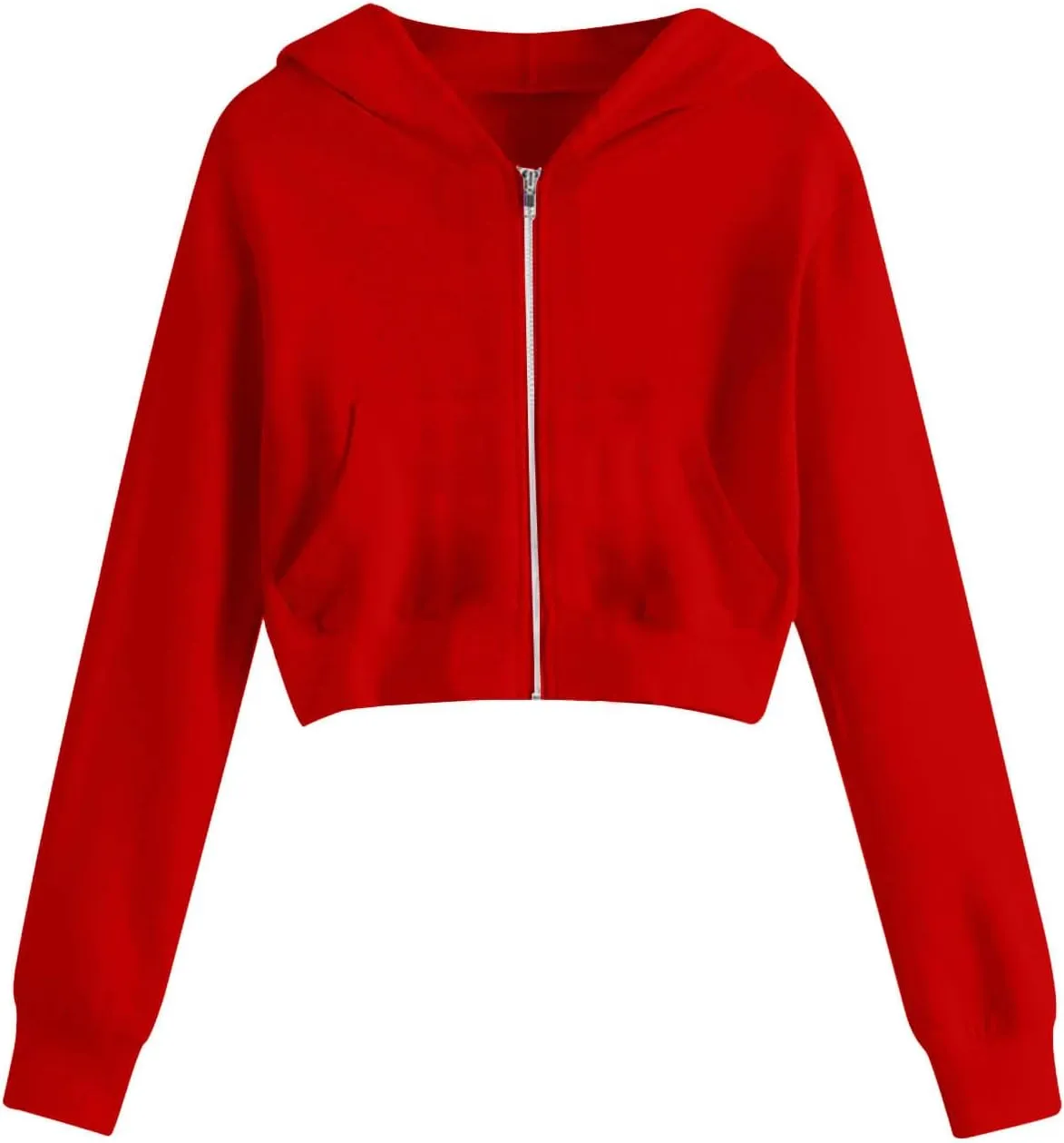 Women's Cropped Jackets Plus Size Fashion Solid Color Zipper Long Sleeves Hoodies Sweatshirt Outwear with Pockets