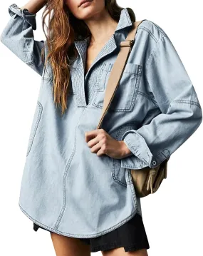 Women's Denim Pullover Casual Button V Neck Blouse Loose Fit Long Sleeve Jean Jacket