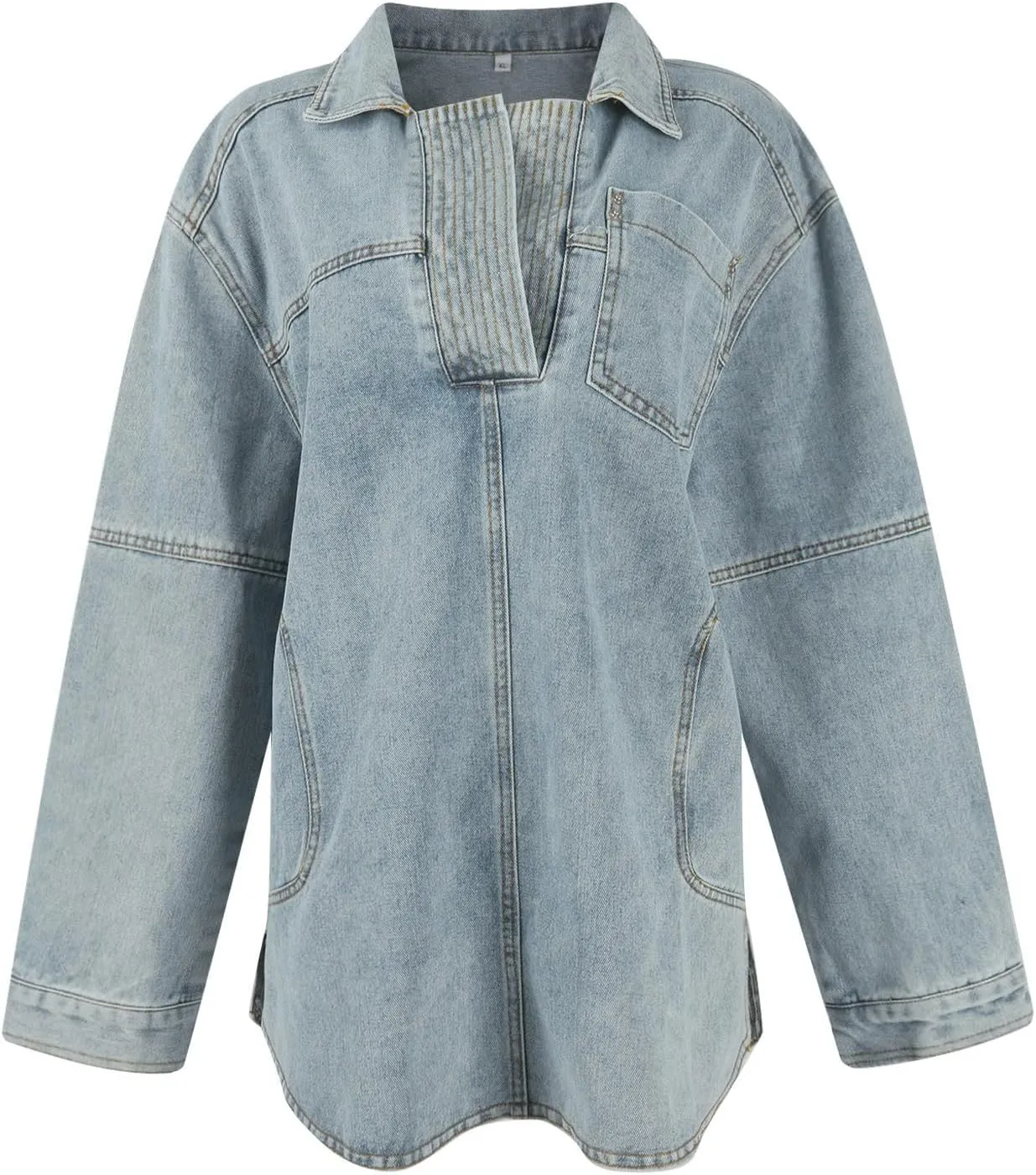 Women's Denim Pullover Casual Button V Neck Blouse Loose Fit Long Sleeve Jean Jacket