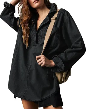 Women's Denim Pullover Casual Button V Neck Blouse Loose Fit Long Sleeve Jean Jacket