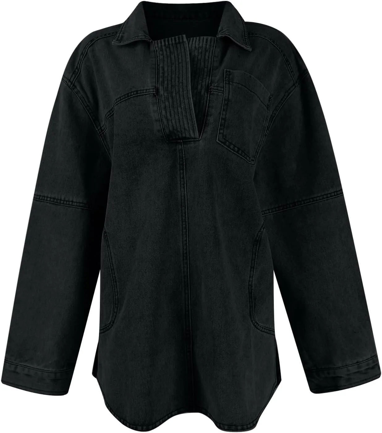 Women's Denim Pullover Casual Button V Neck Blouse Loose Fit Long Sleeve Jean Jacket