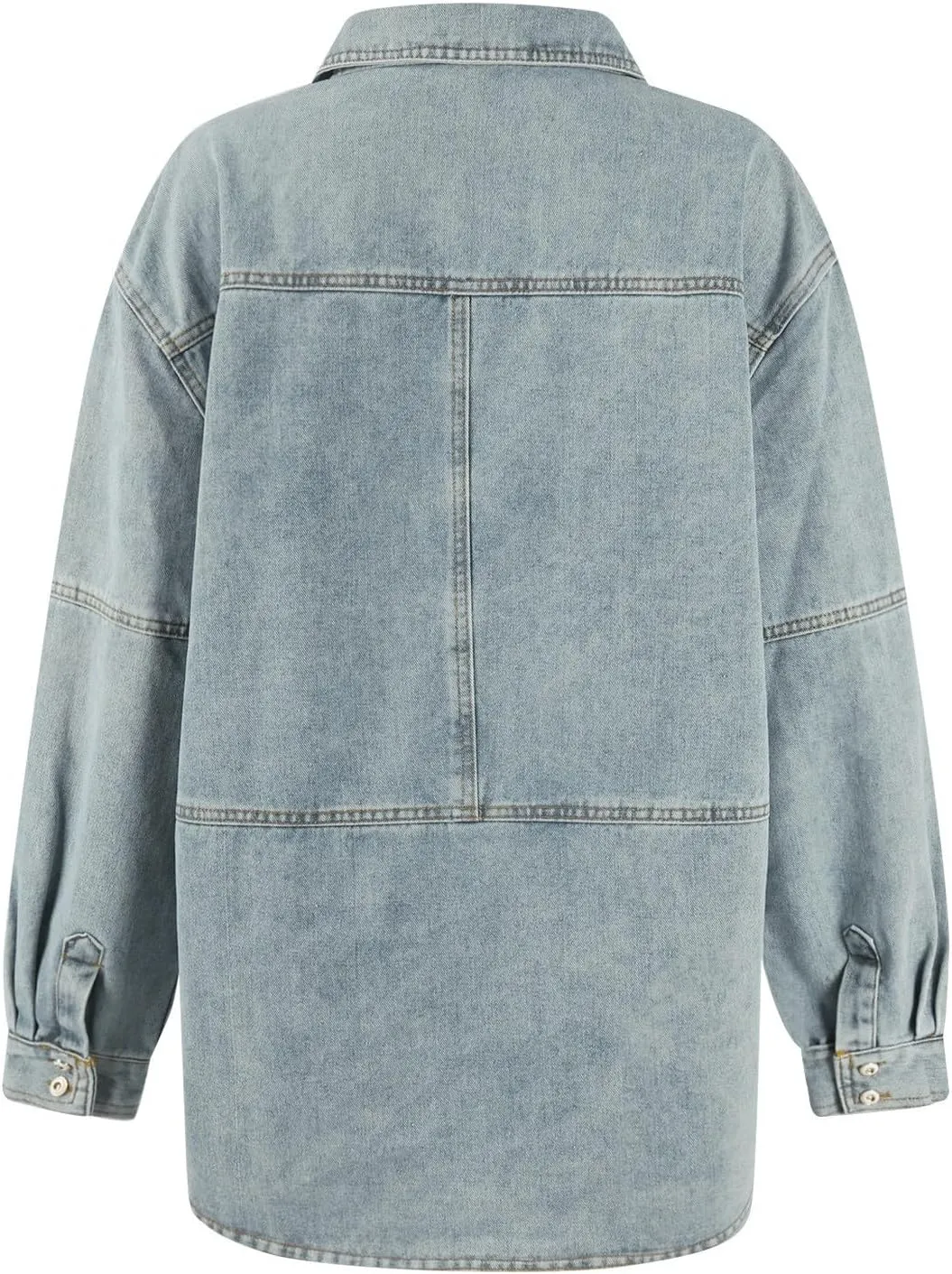 Women's Denim Pullover Casual Button V Neck Blouse Loose Fit Long Sleeve Jean Jacket