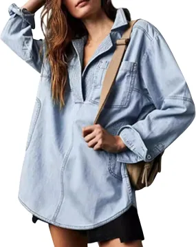 Women's Denim Pullover Casual Button V Neck Blouse Loose Fit Long Sleeve Jean Jacket