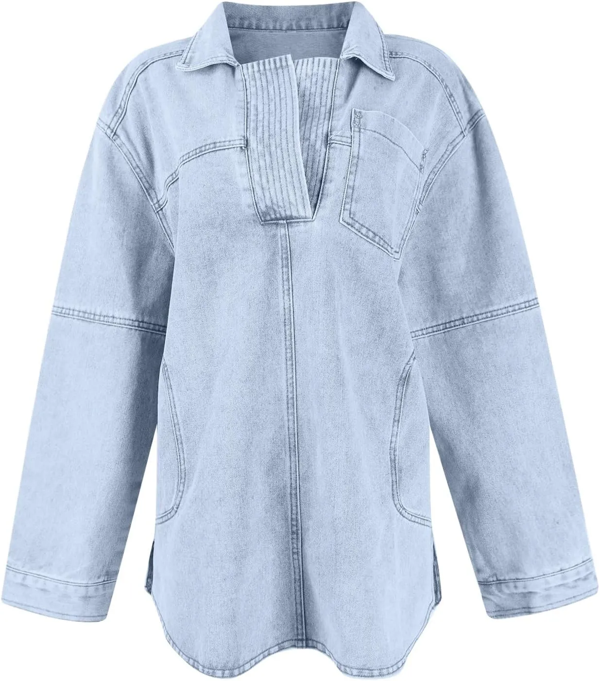 Women's Denim Pullover Casual Button V Neck Blouse Loose Fit Long Sleeve Jean Jacket