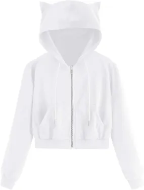 Women's Drawstring Cropped Hoodies Cute Zip Up Sweatshirt with Cat Ear Teen Girls Kawaii Plain Workout Crop Tops