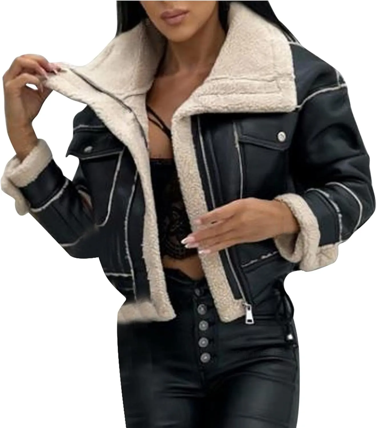 Womens Fashion 2023 Faux Leather Jacket Moto Biker Thicken Winter Short Down Coat Fleece Fuzzy Lapel Warm Outerwear