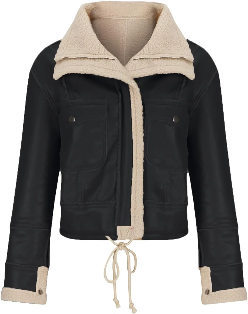 Womens Fashion 2023 Faux Leather Jacket Moto Biker Thicken Winter Short Down Coat Fleece Fuzzy Lapel Warm Outerwear