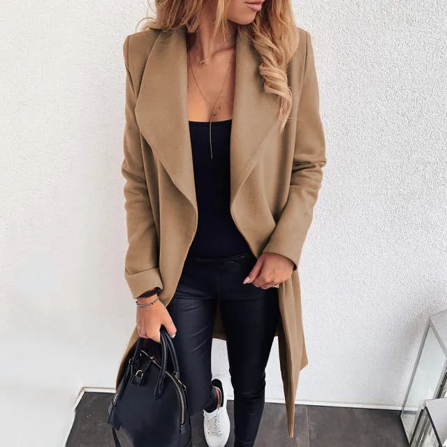 Women's Fashion Tie Lapel Solid Color Woolen Coats