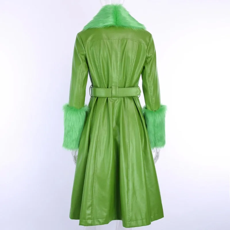 Women's Faux Leather Belted Warm Long Coat With Fur