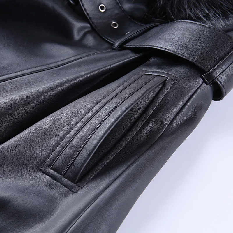 Women's Faux Leather Belted Warm Long Coat With Fur