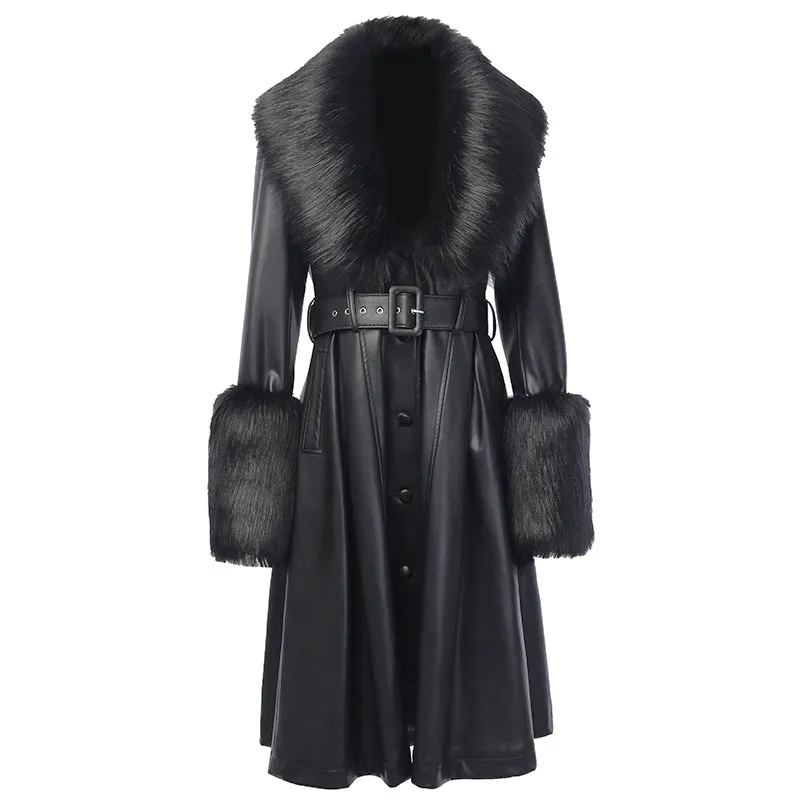 Women's Faux Leather Belted Warm Long Coat With Fur