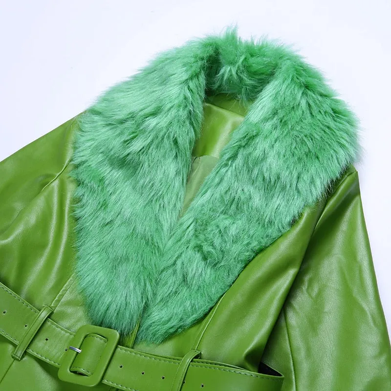 Women's Faux Leather Belted Warm Long Coat With Fur