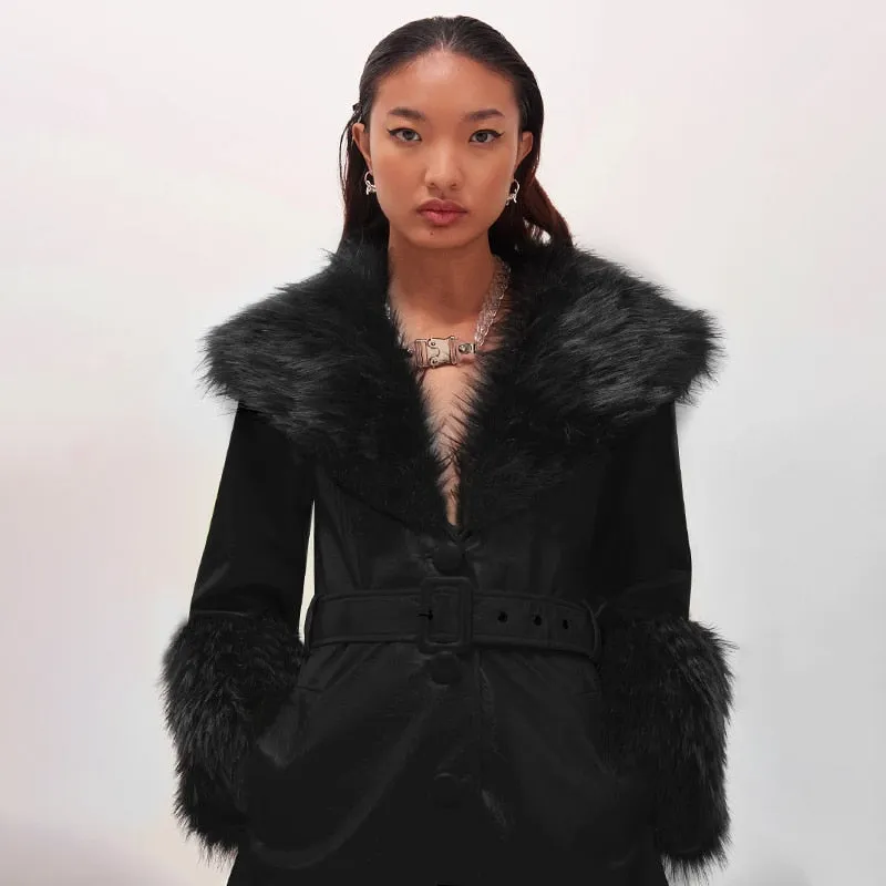 Women's Faux Leather Belted Warm Long Coat With Fur