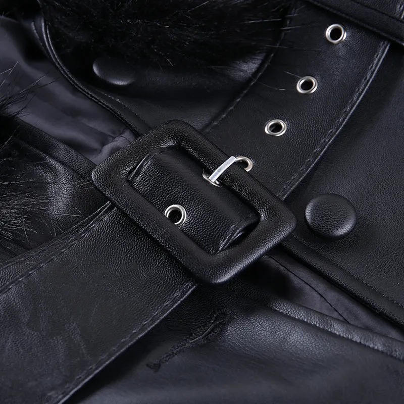 Women's Faux Leather Belted Warm Long Coat With Fur