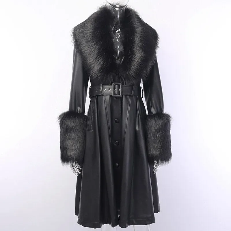 Women's Faux Leather Belted Warm Long Coat With Fur