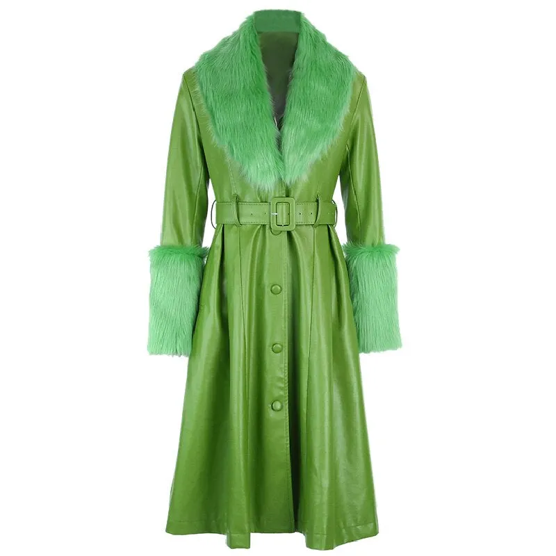 Women's Faux Leather Belted Warm Long Coat With Fur