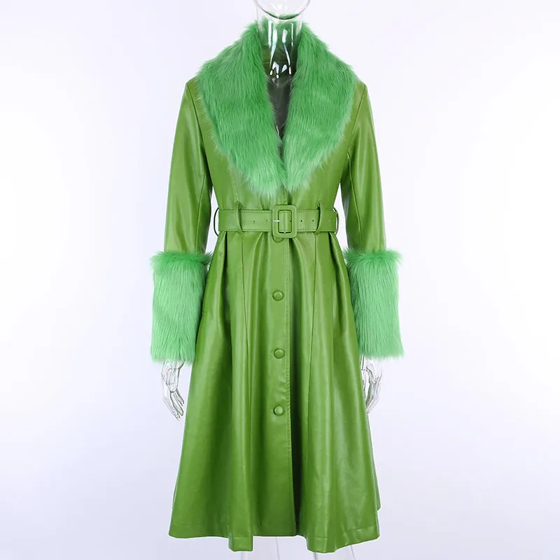 Women's Faux Leather Belted Warm Long Coat With Fur
