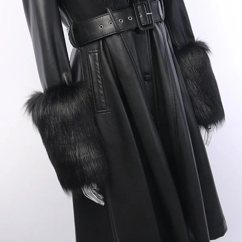 Women's Faux Leather Belted Warm Long Coat With Fur