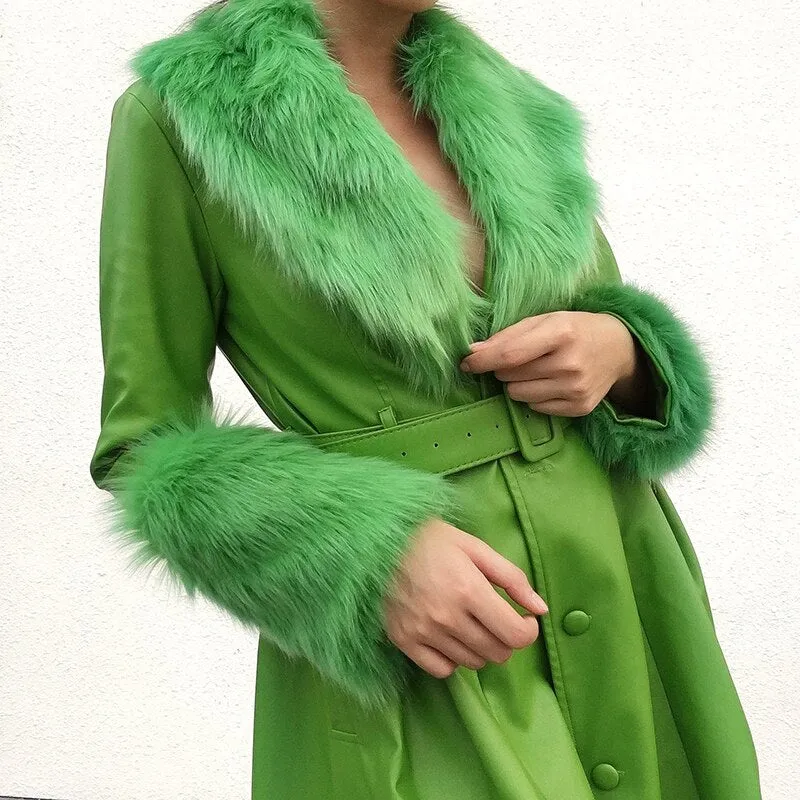 Women's Faux Leather Belted Warm Long Coat With Fur