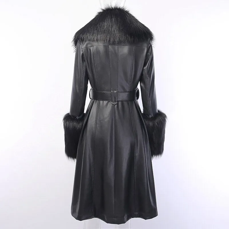 Women's Faux Leather Belted Warm Long Coat With Fur