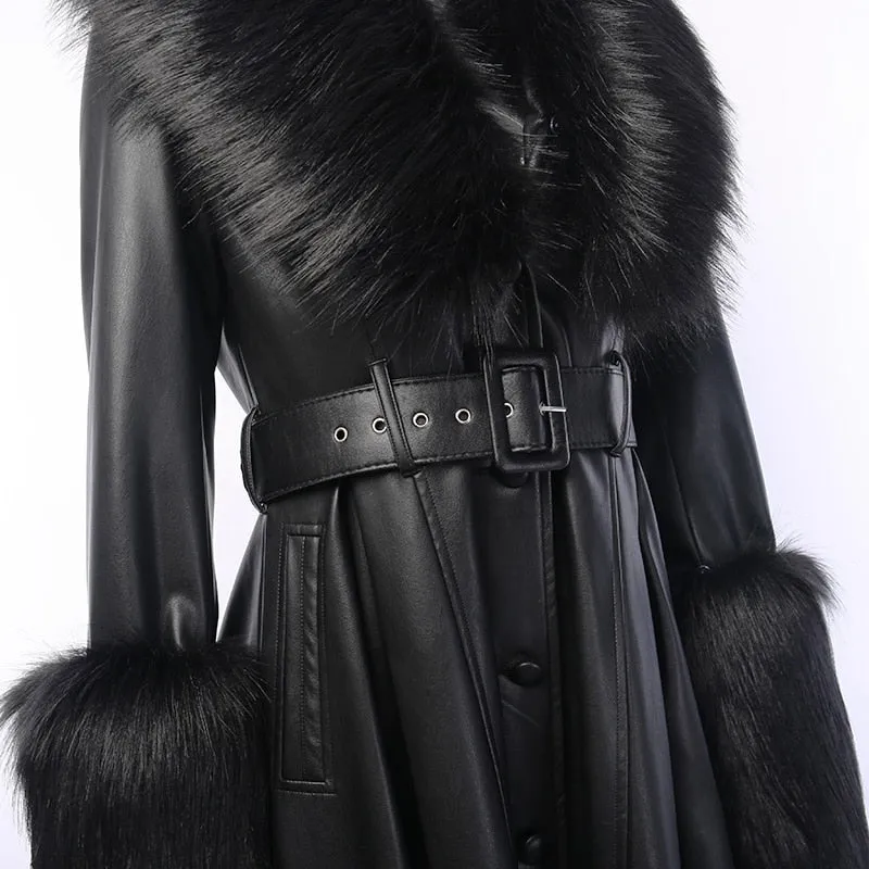 Women's Faux Leather Belted Warm Long Coat With Fur