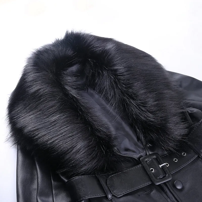 Women's Faux Leather Belted Warm Long Coat With Fur