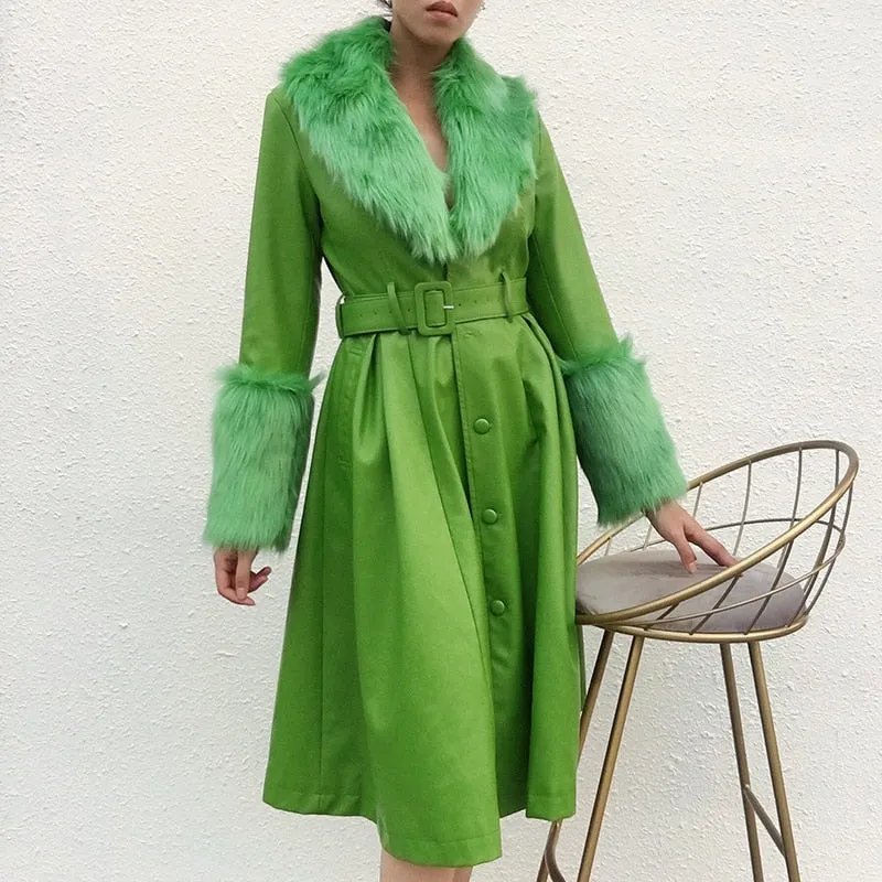 Women's Faux Leather Belted Warm Long Coat With Fur