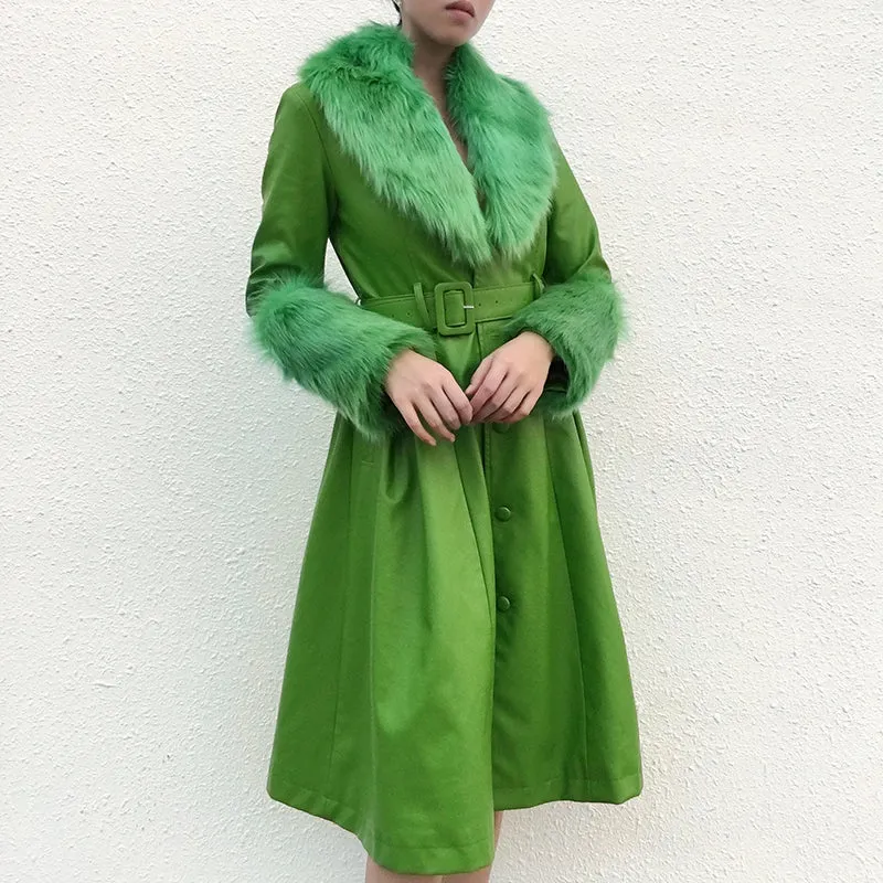 Women's Faux Leather Belted Warm Long Coat With Fur