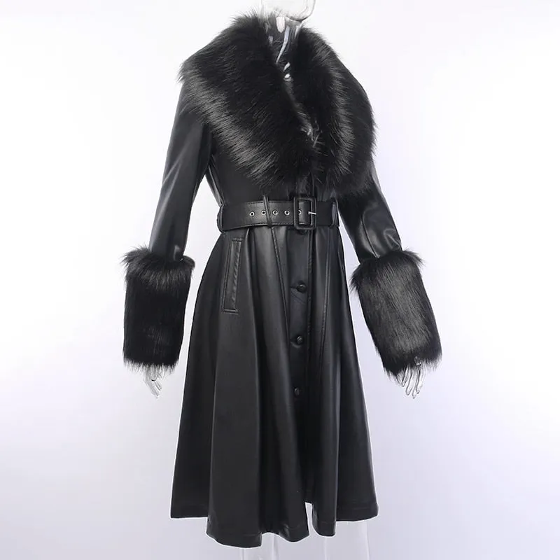 Women's Faux Leather Belted Warm Long Coat With Fur