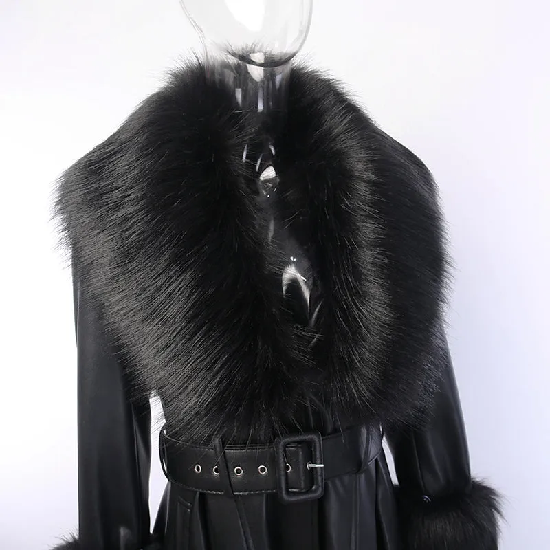 Women's Faux Leather Belted Warm Long Coat With Fur
