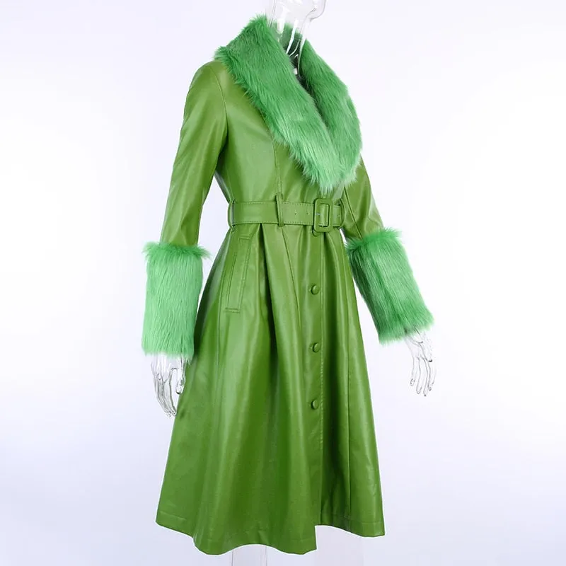 Women's Faux Leather Belted Warm Long Coat With Fur
