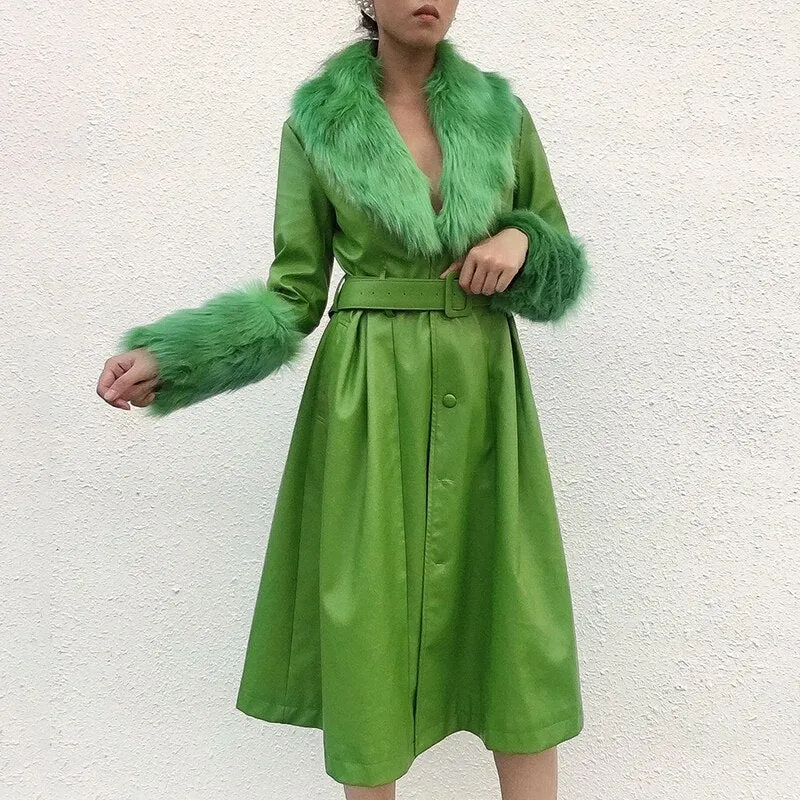 Women's Faux Leather Belted Warm Long Coat With Fur