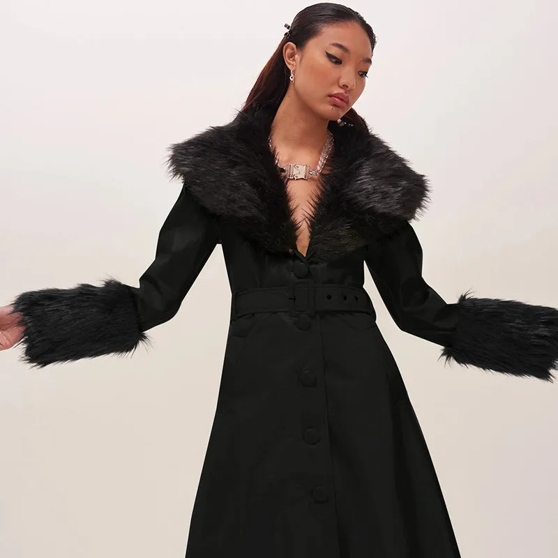Women's Faux Leather Belted Warm Long Coat With Fur