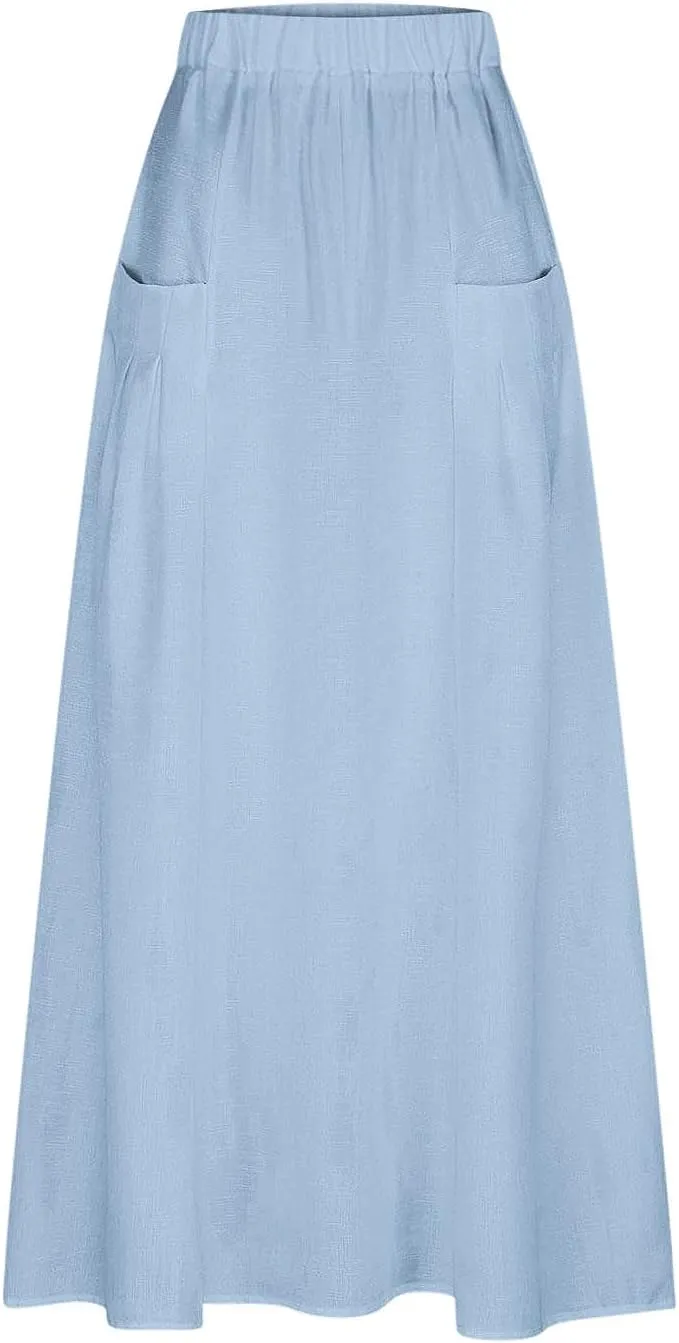 Womens High Waist Maxi Skirts Casual Loose Fit Flowy Swing Pleated A Line Long Skirts Solid Color Skirts with Pocket