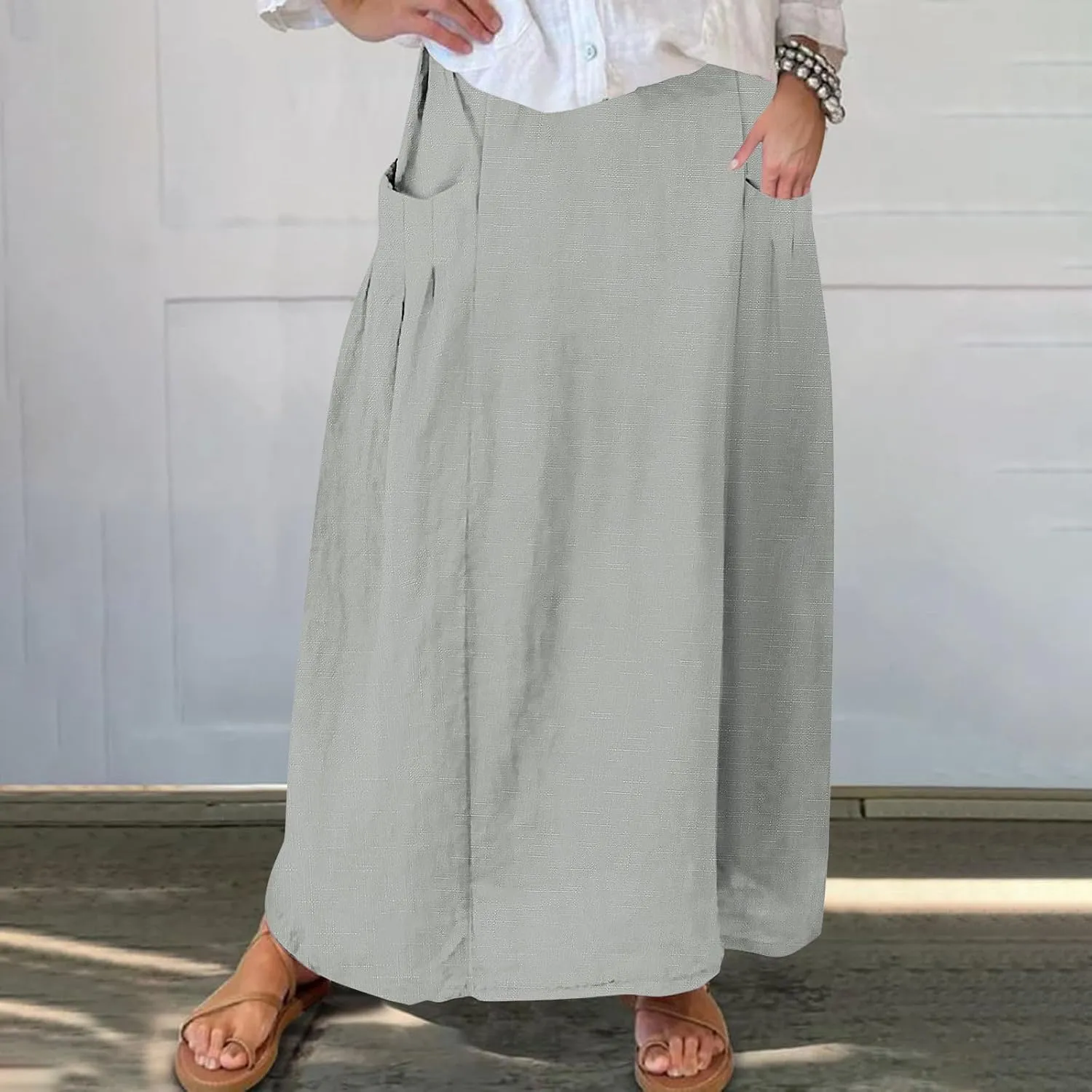 Womens High Waist Maxi Skirts Casual Loose Fit Flowy Swing Pleated A Line Long Skirts Solid Color Skirts with Pocket