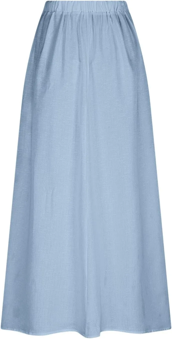 Womens High Waist Maxi Skirts Casual Loose Fit Flowy Swing Pleated A Line Long Skirts Solid Color Skirts with Pocket