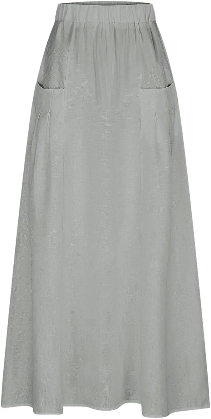Womens High Waist Maxi Skirts Casual Loose Fit Flowy Swing Pleated A Line Long Skirts Solid Color Skirts with Pocket