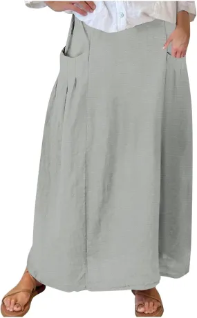 Womens High Waist Maxi Skirts Casual Loose Fit Flowy Swing Pleated A Line Long Skirts Solid Color Skirts with Pocket