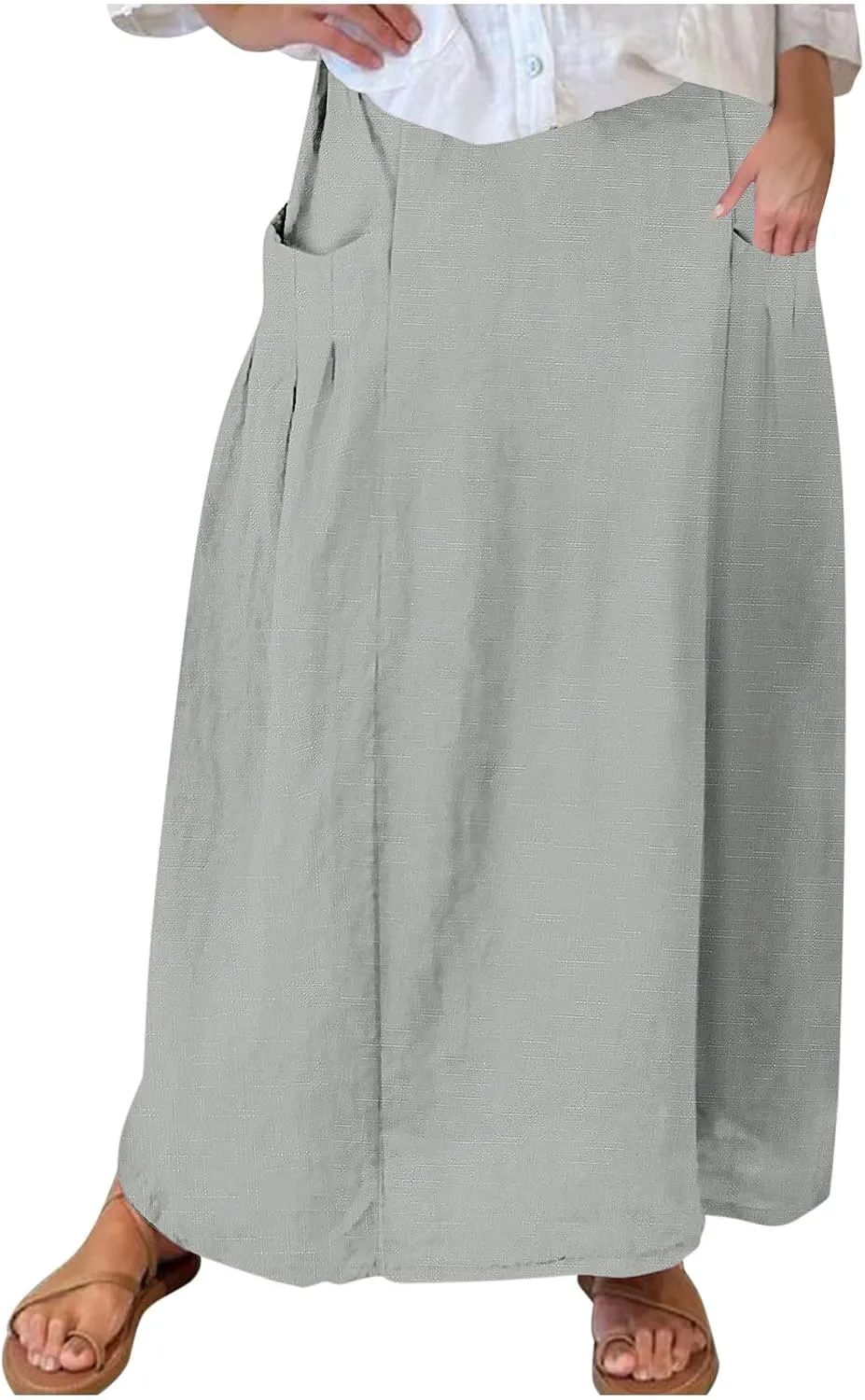 Womens High Waist Maxi Skirts Casual Loose Fit Flowy Swing Pleated A Line Long Skirts Solid Color Skirts with Pocket