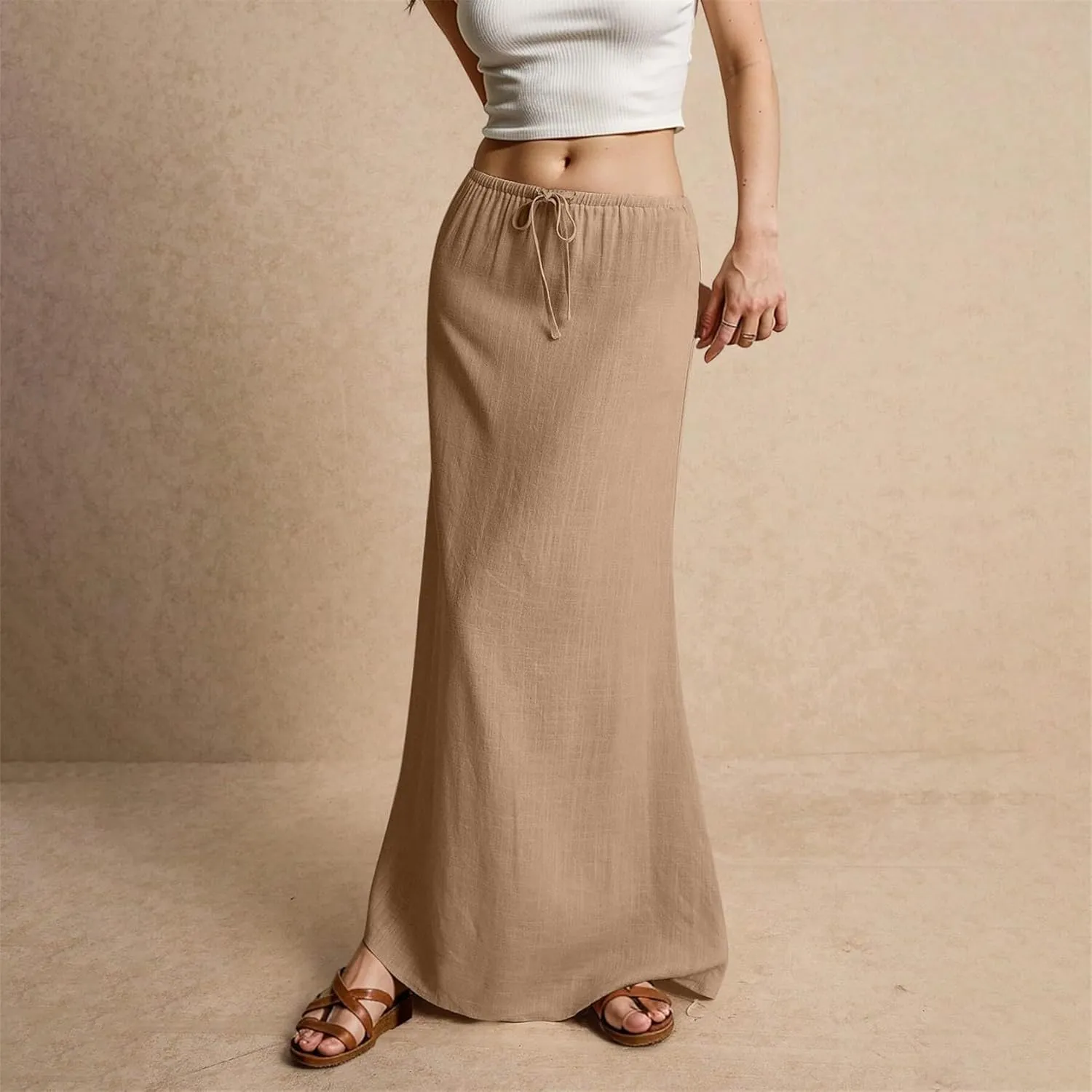 Womens Linen Maxi Skirt Drawstring Low Rise Long Skirts, A Line Skirts Cute Vacation Boho Long Flowy Skirts Beach Cover Up