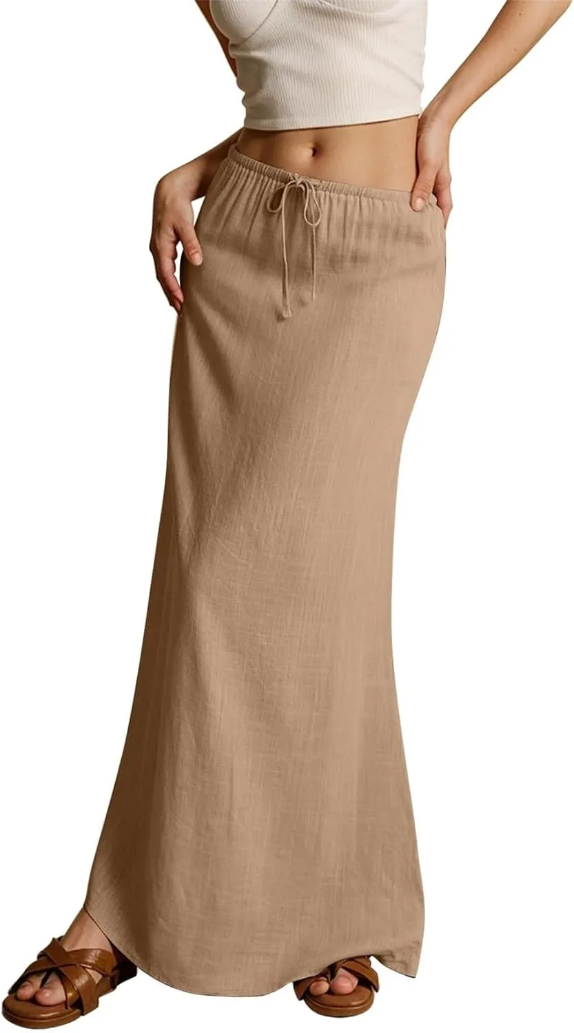 Womens Linen Maxi Skirt Drawstring Low Rise Long Skirts, A Line Skirts Cute Vacation Boho Long Flowy Skirts Beach Cover Up