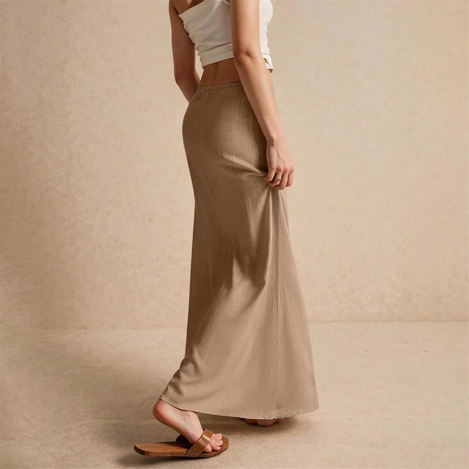 Womens Linen Maxi Skirt Drawstring Low Rise Long Skirts, A Line Skirts Cute Vacation Boho Long Flowy Skirts Beach Cover Up