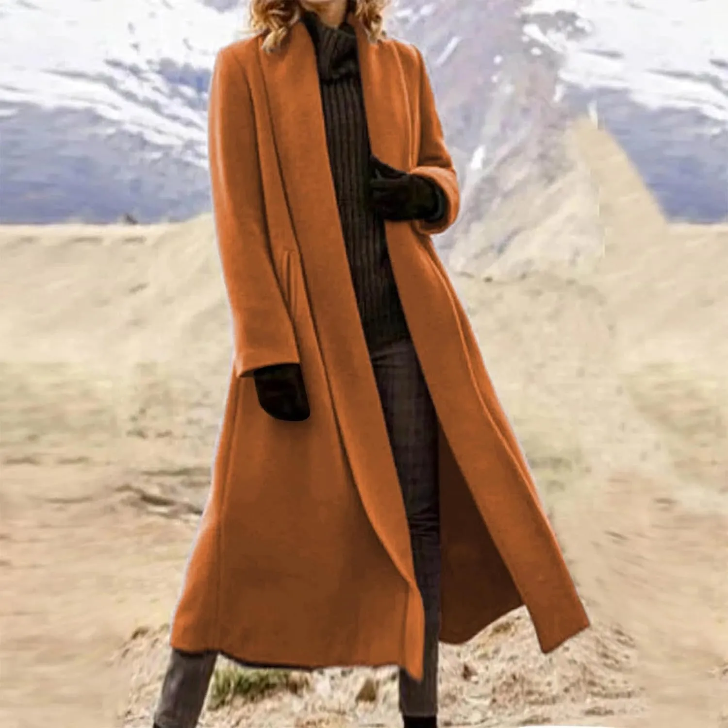 Women's Long Wool Blend Pea Coat Winter Casual Overcoat Lapel Collar Trench Coat Open Front Long Jacket Outerwear