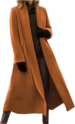 Women's Long Wool Blend Pea Coat Winter Casual Overcoat Lapel Collar Trench Coat Open Front Long Jacket Outerwear
