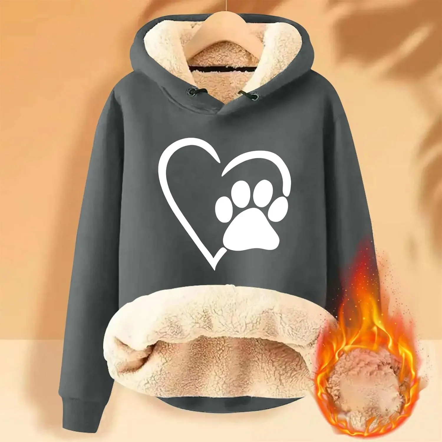 Women's Winter Warm Hoodie Sherpa Fleece Lined Pullover Dog Paw Heart Print Heavyweight Hooded Sweatshirts