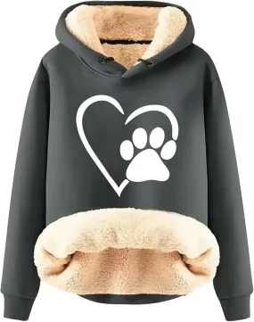Women's Winter Warm Hoodie Sherpa Fleece Lined Pullover Dog Paw Heart Print Heavyweight Hooded Sweatshirts
