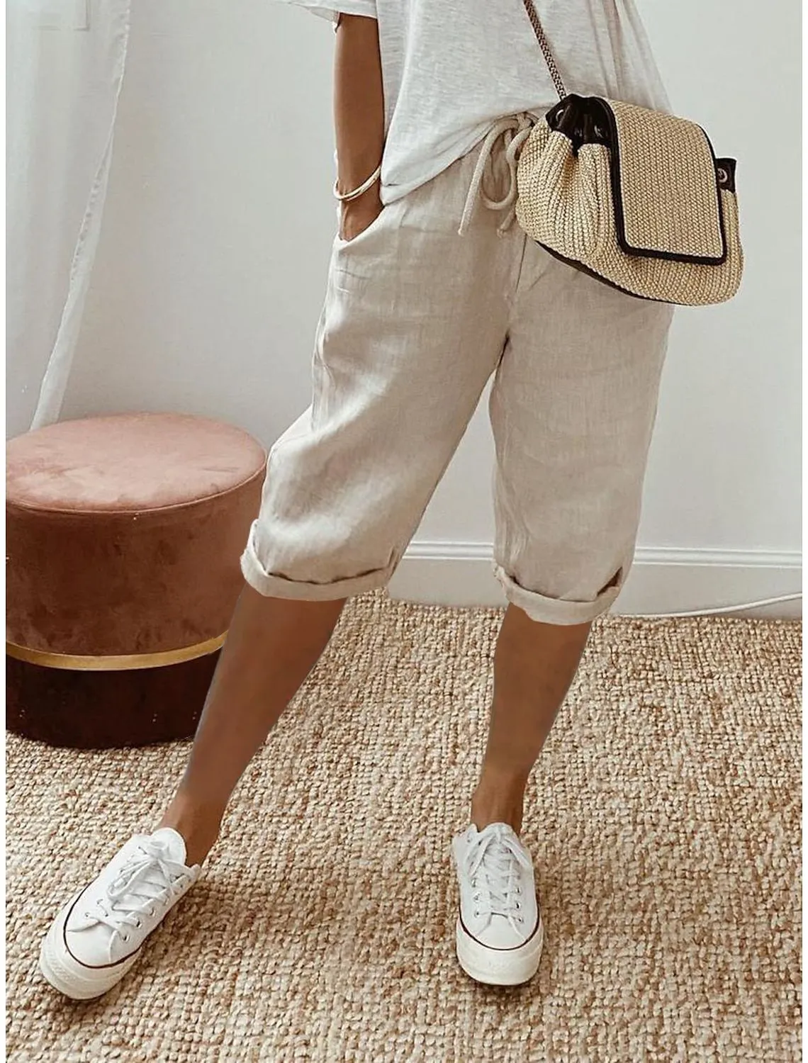 XIANGTUIBAO  Cross Border  Independent Station Women's Cotton and Linen Pocket Elasticated Slacks Women's Five Pants