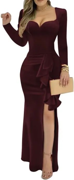 YUAOHUANG Long Sleeve Velvet Formal Dress for Women 2025 Mermaid Bodycon High Split Long Velvet Cocktail Party Dresses
