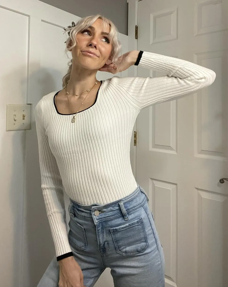 ZESICA Long Sleeve Square Neck Slim Fitted Ribbed Knit Top